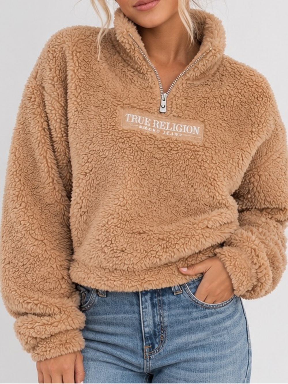 True Religion Plush Teddy Fleece Half-Zip Pullover in Camel